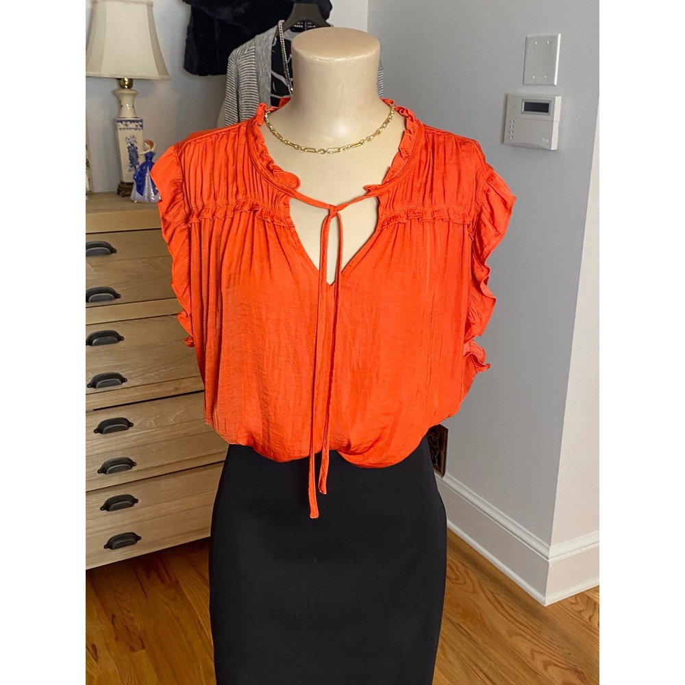 Joie Womens Orange Ruffle Sleeve Tie Neck Blouse Top 2X 1265282 Solid Boho Chic